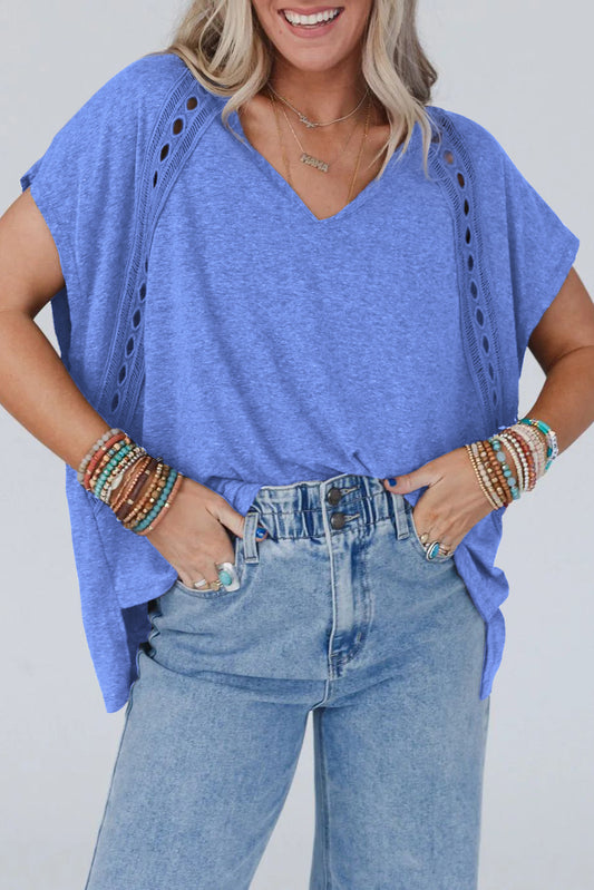 Sky Blue Solid Color Crochet Lace Detail Oversized Tee