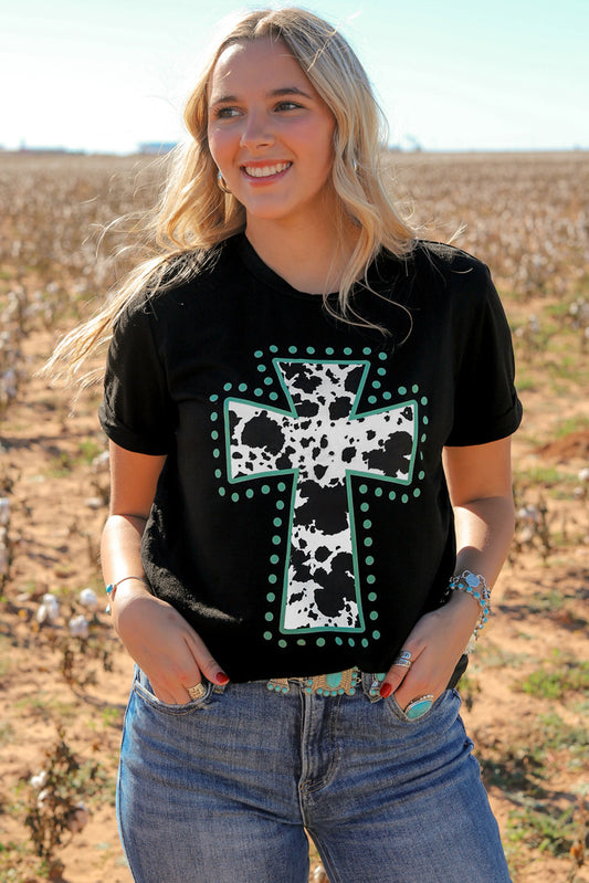 Black Animal Print Cross Graphic Tee