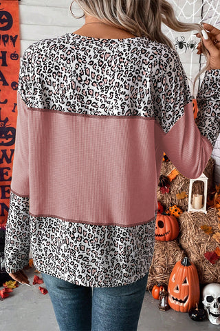 CLEARANCE Pink Leopard Print Waffle Knit Patchwork Top