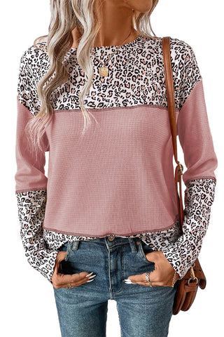 CLEARANCE Pink Leopard Print Waffle Knit Patchwork Top