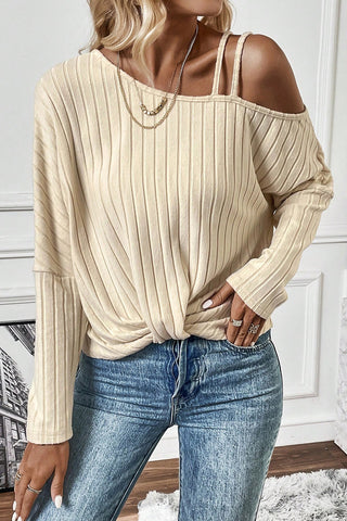 CLEARANCE  Ribbed Asymmetrical Neck Batwing Sleeve Twist Hem Top