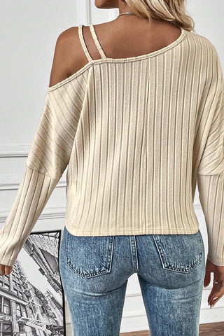 CLEARANCE  Ribbed Asymmetrical Neck Batwing Sleeve Twist Hem Top