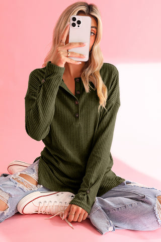 CLEARANCE Green Drop Shoulder Ribbed Knit Long Sleeve Henley Top