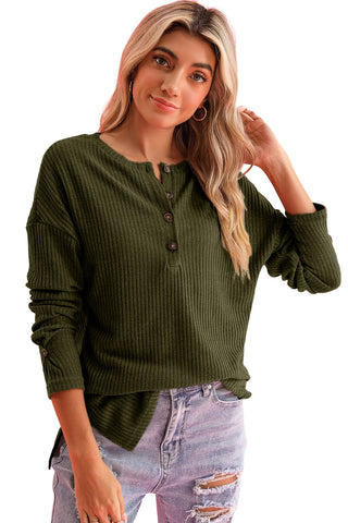 CLEARANCE Green Drop Shoulder Ribbed Knit Long Sleeve Henley Top