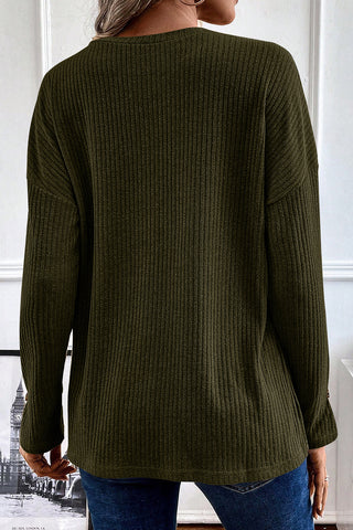 CLEARANCE Green Drop Shoulder Ribbed Knit Long Sleeve Henley Top