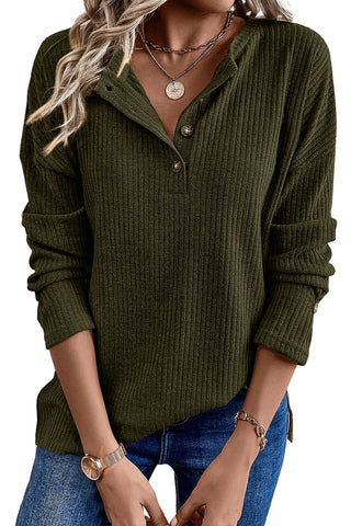 CLEARANCE Green Drop Shoulder Ribbed Knit Long Sleeve Henley Top