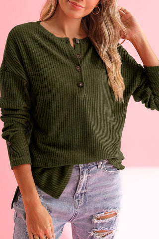 CLEARANCE Green Drop Shoulder Ribbed Knit Long Sleeve Henley Top