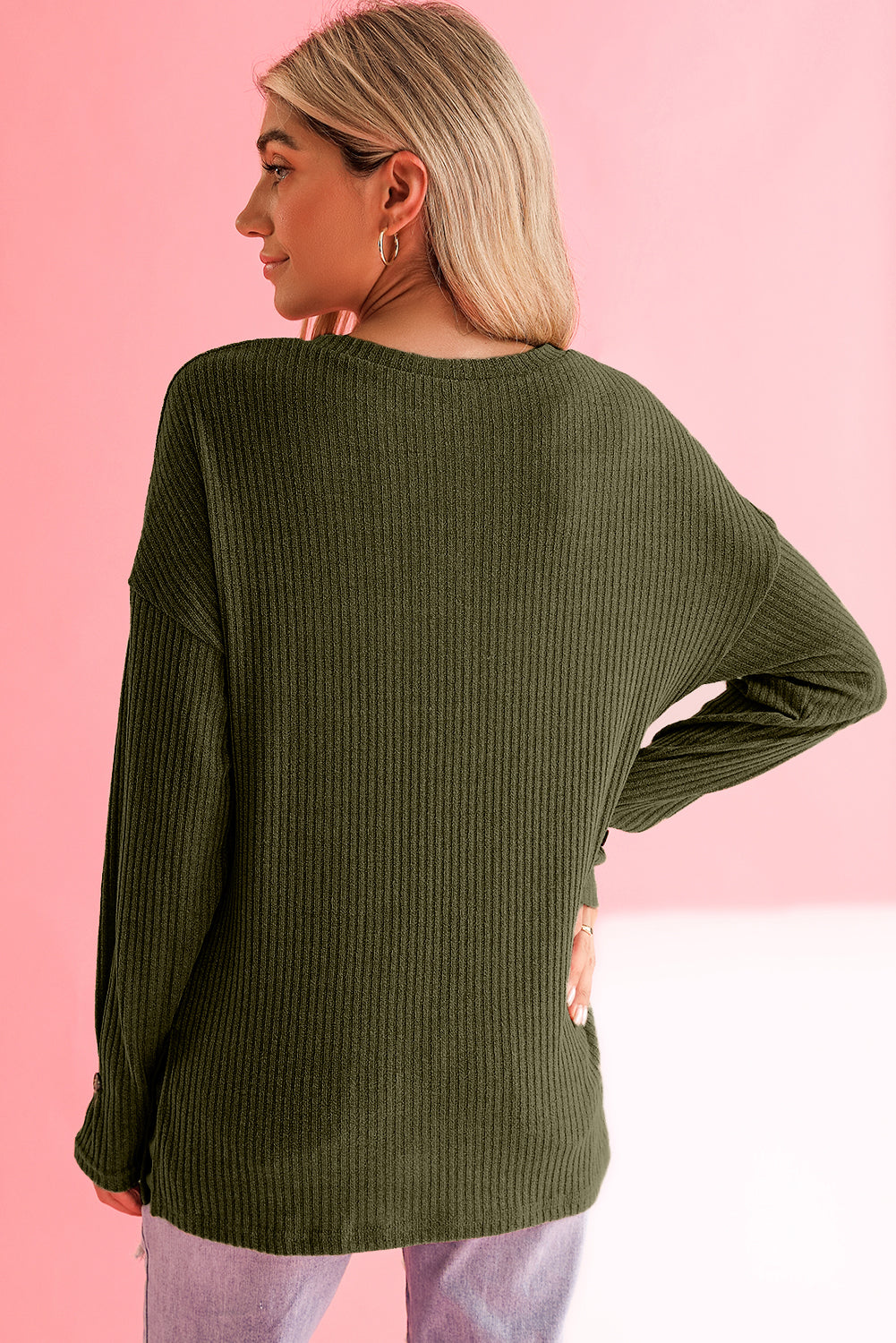 Jungle Green Drop Shoulder Ribbed Knit Long Sleeve Henley Top