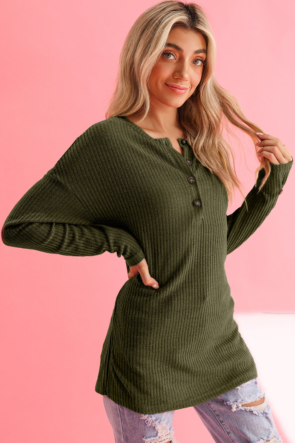 Jungle Green Drop Shoulder Ribbed Knit Long Sleeve Henley Top