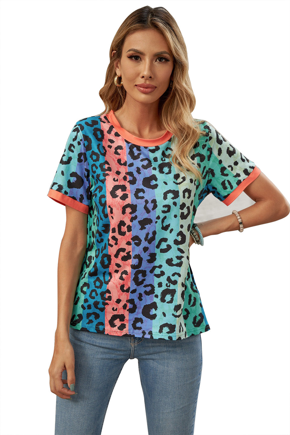 Leopard Print Binding Trim Color Block T Shirt for Women