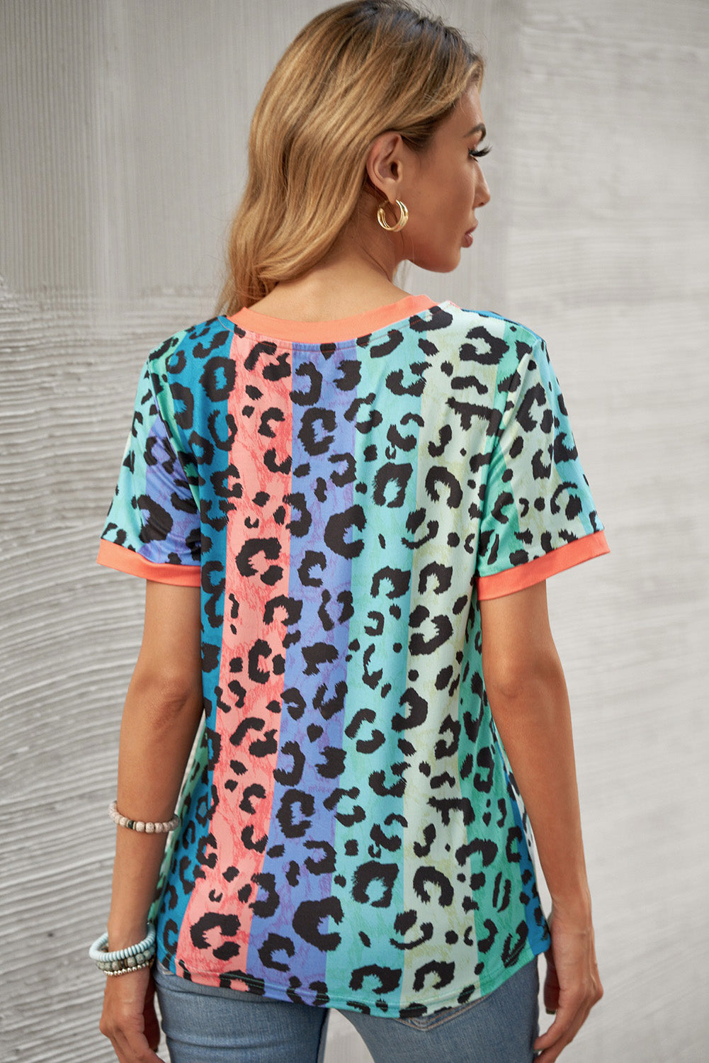 Leopard Print Binding Trim Color Block T Shirt for Women