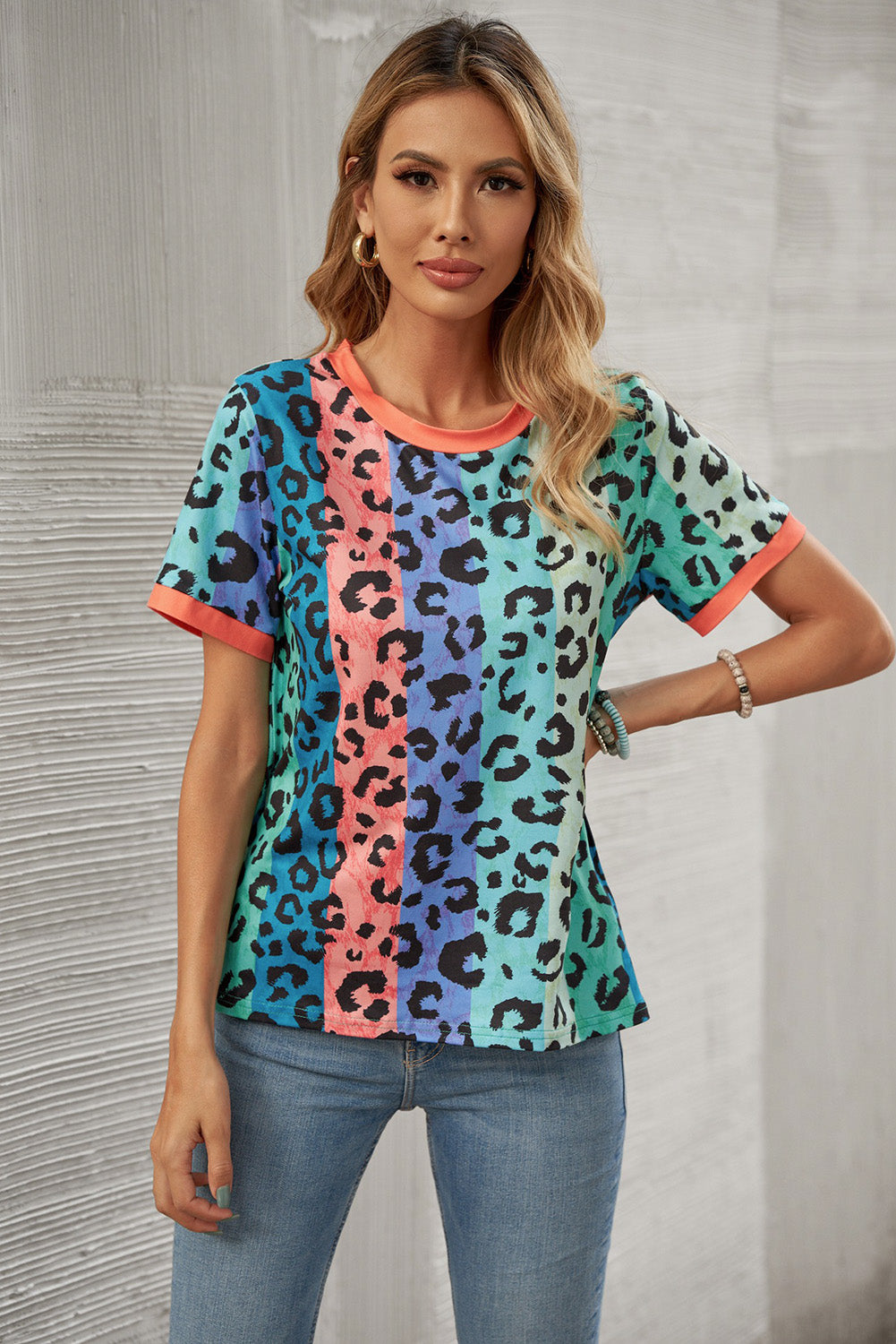 Leopard Print Binding Trim Color Block T Shirt for Women