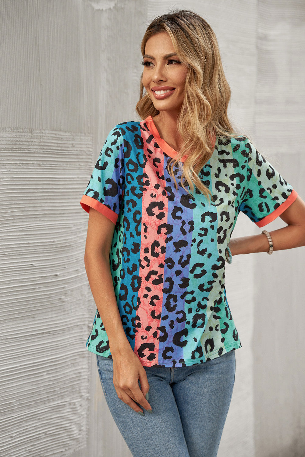 Leopard Print Binding Trim Color Block T Shirt for Women