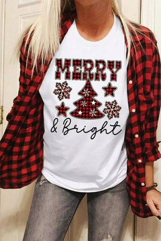 ***clearance*** White MERRY and Bright Plaid Print Christmas Crewneck Graphic T Shirt
