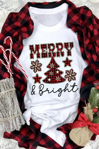 ***clearance*** White MERRY and Bright Plaid Print Christmas Crewneck Graphic T Shirt