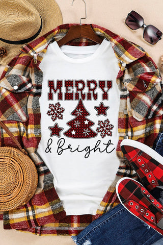 ***clearance*** White MERRY and Bright Plaid Print Christmas Crewneck Graphic T Shirt