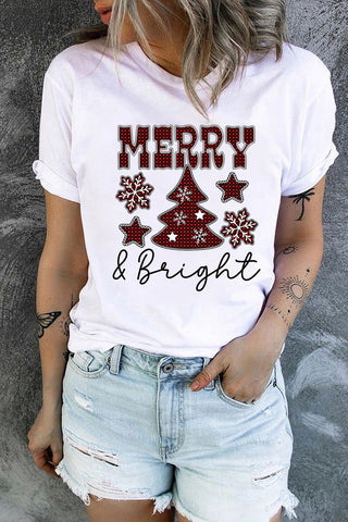 ***clearance*** White MERRY and Bright Plaid Print Christmas Crewneck Graphic T Shirt