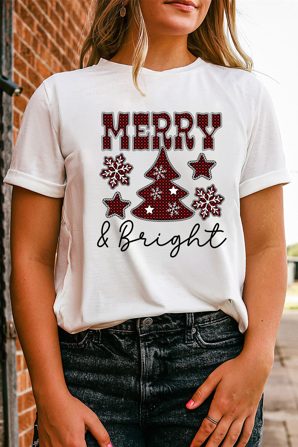 White MERRY and Bright Plaid Print Christmas Crewneck Graphic T Shirt