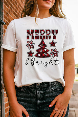 ***clearance*** White MERRY and Bright Plaid Print Christmas Crewneck Graphic T Shirt