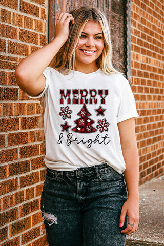 ***clearance*** White MERRY and Bright Plaid Print Christmas Crewneck Graphic T Shirt