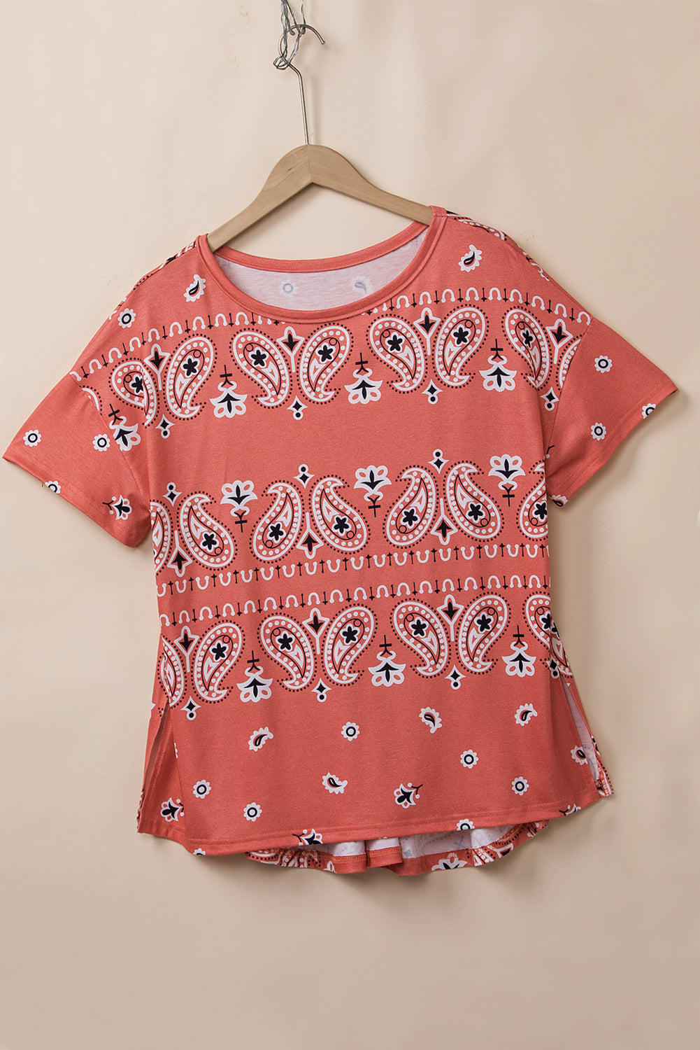 Red Paisley Print Side Slits Crew Neck T Shirt