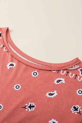 CLEARANCE Paisley Print Side Slits Crew Neck T Shirt
