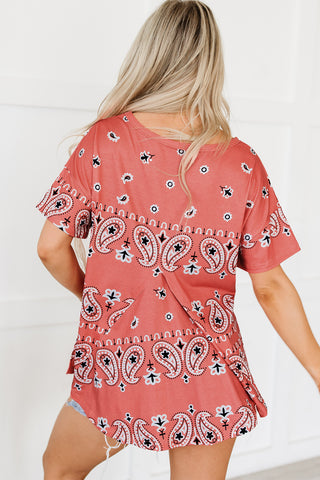 CLEARANCE Paisley Print Side Slits Crew Neck T Shirt