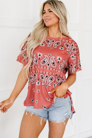 CLEARANCE Paisley Print Side Slits Crew Neck T Shirt