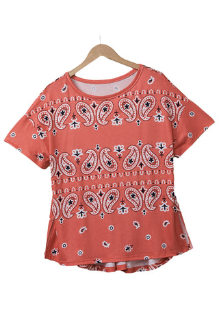 CLEARANCE Paisley Print Side Slits Crew Neck T Shirt
