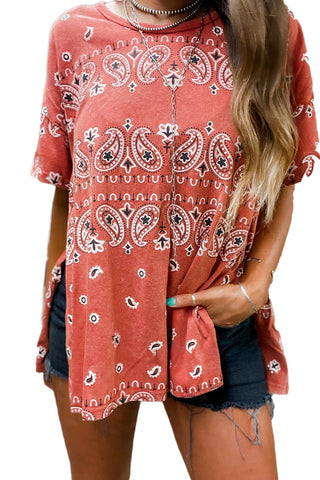 CLEARANCE Paisley Print Side Slits Crew Neck T Shirt