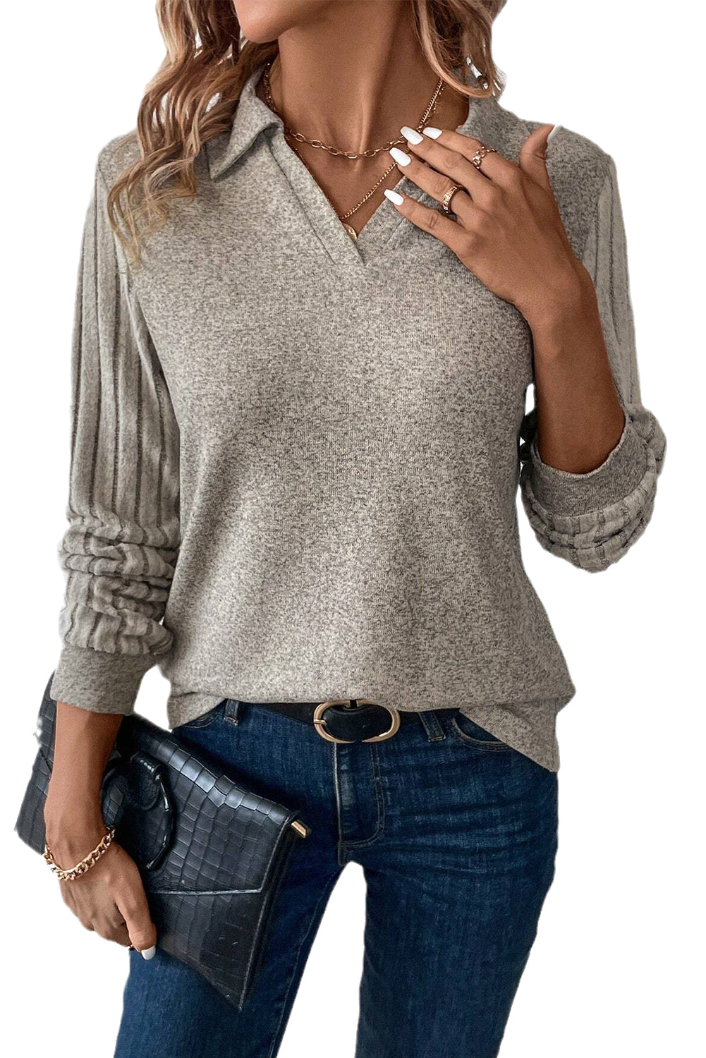 Smoke Gray Ribbed Sleeve Collared V Neck Top