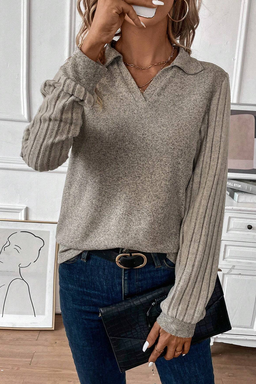 Smoke Gray Ribbed Sleeve Collared V Neck Top