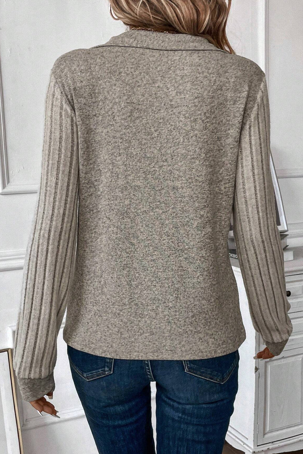 Smoke Gray Ribbed Sleeve Collared V Neck Top