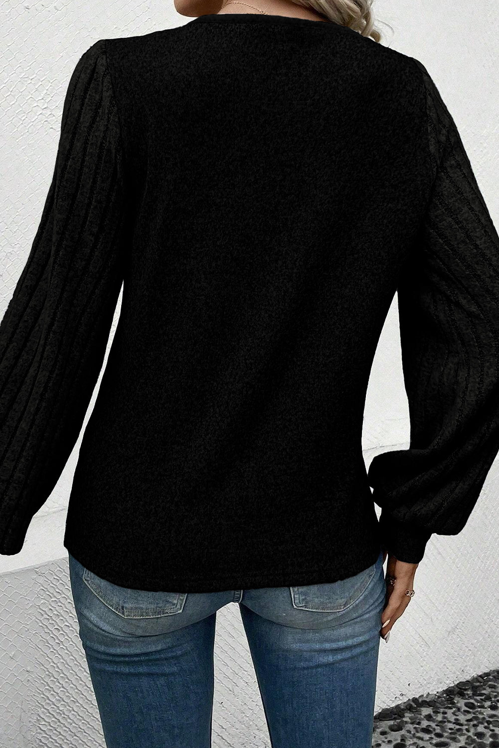 Black Button Detail V Neck Ribbed Bishop Sleeve Top