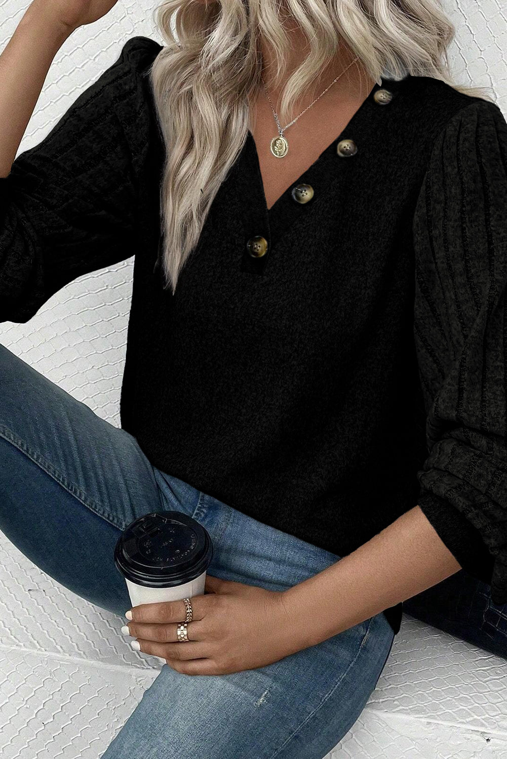 Black Button Detail V Neck Ribbed Bishop Sleeve Top