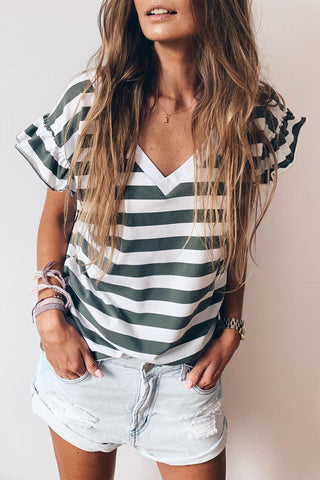 ***CLEARANCE ***Sea Green Striped V Neck Ruffle Sleeve Top
