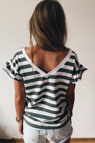 ***CLEARANCE ***Sea Green Striped V Neck Ruffle Sleeve Top