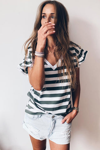 ***CLEARANCE ***Sea Green Striped V Neck Ruffle Sleeve Top