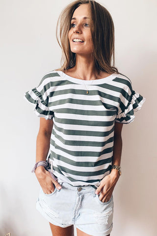 ***CLEARANCE ***Sea Green Striped V Neck Ruffle Sleeve Top