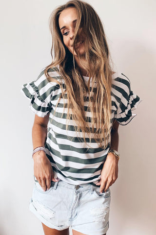 ***CLEARANCE ***Sea Green Striped V Neck Ruffle Sleeve Top