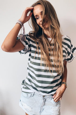 ***CLEARANCE ***Sea Green Striped V Neck Ruffle Sleeve Top
