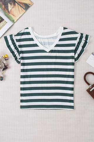 ***CLEARANCE ***Sea Green Striped V Neck Ruffle Sleeve Top