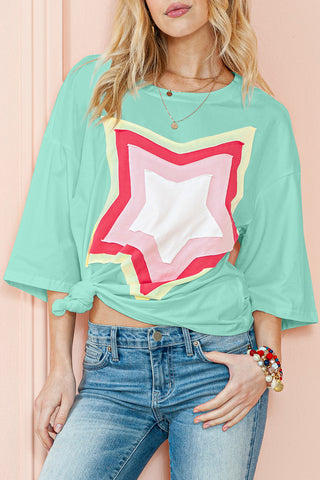CLEARANCE Moonlight Jade Colorblock Star Patched Half Sleeve Oversized Tee