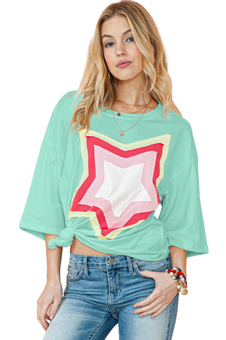 CLEARANCE Moonlight Jade Colorblock Star Patched Half Sleeve Oversized Tee