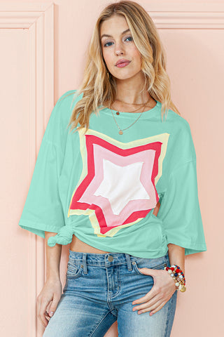 CLEARANCE Moonlight Jade Colorblock Star Patched Half Sleeve Oversized Tee