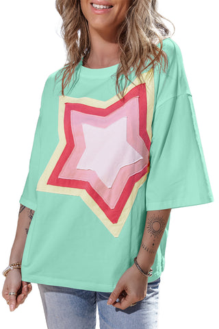 CLEARANCE Moonlight Jade Colorblock Star Patched Half Sleeve Oversized Tee