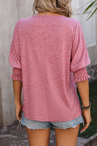 ***clearance***Rose Tan Plain V Neck Smocked Ruffle Sleeve T Shirt