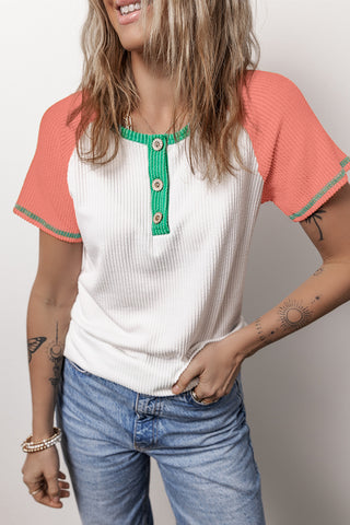 White Colorblock Textured Raglan Sleeve Henley T shirt