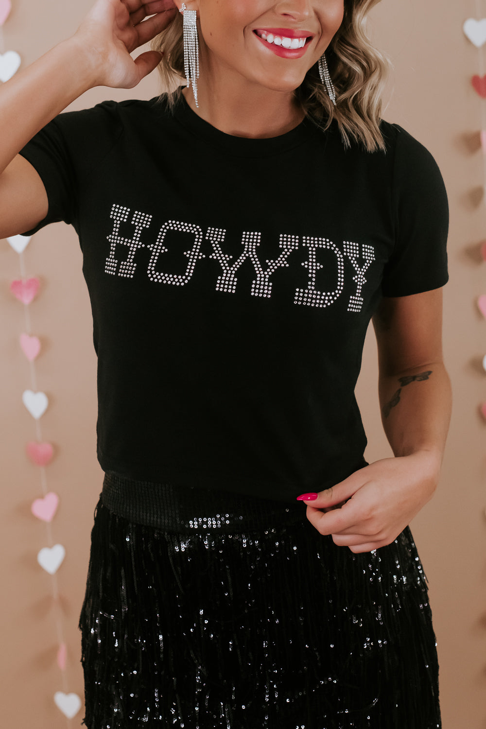 Black HOWDY Rhinestone  Crew Neck T Shirt