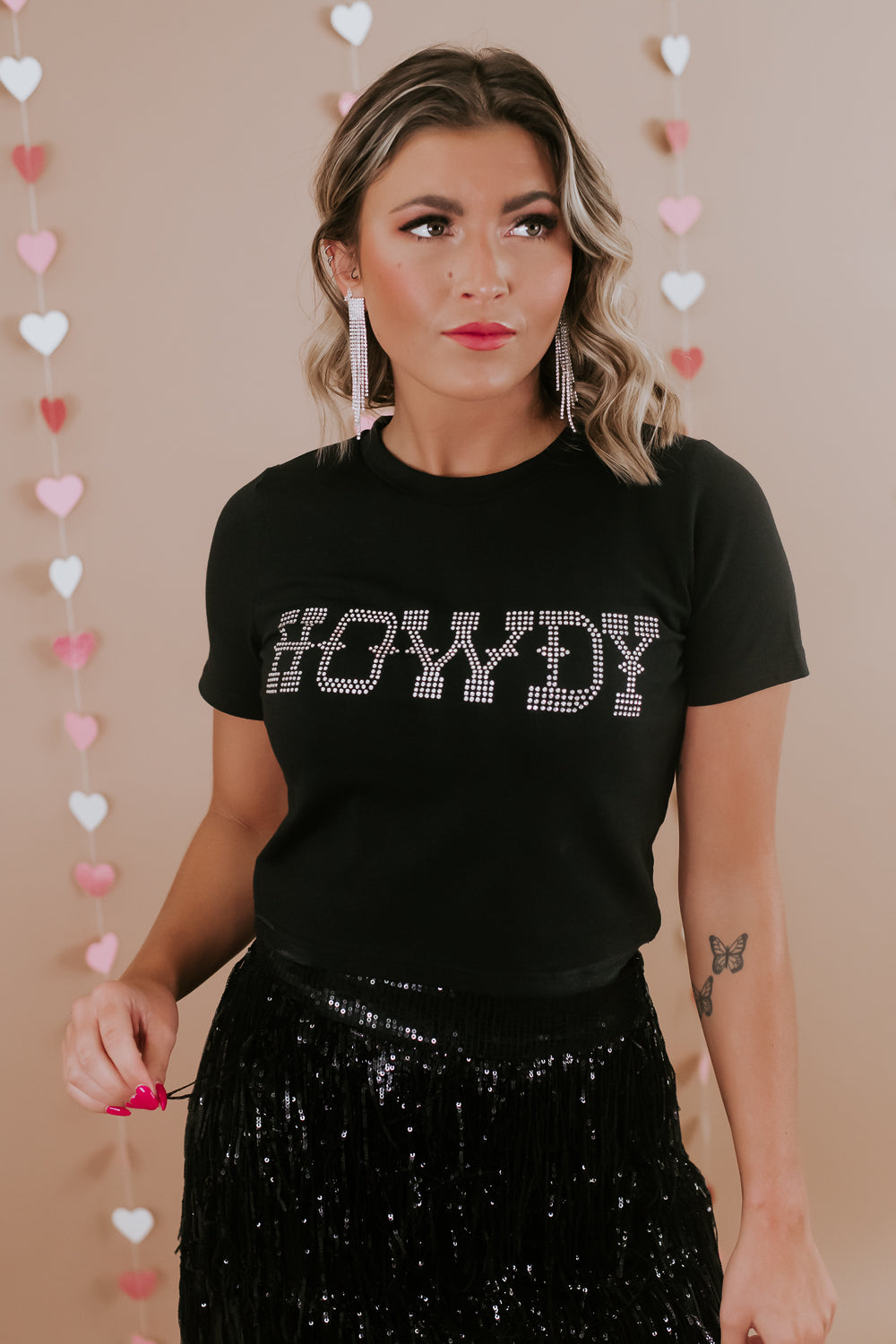 Black HOWDY Rhinestone  Crew Neck T Shirt